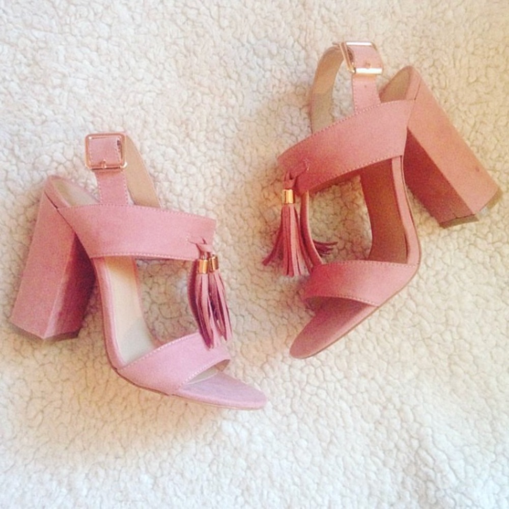 Blush pink heeled sandals with tassels